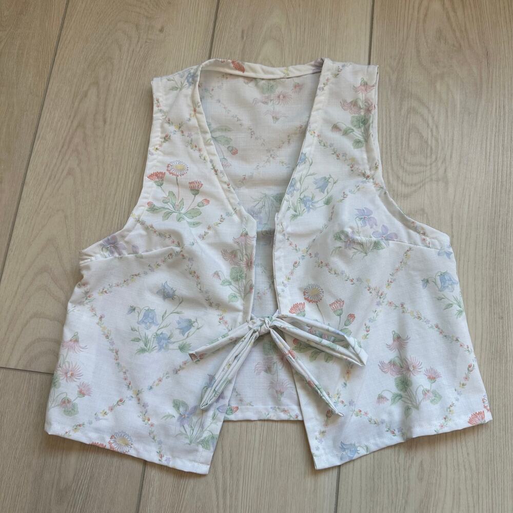 Handmade unique one-of-a-kind upcycled reworked floral print tie vest blouse XS